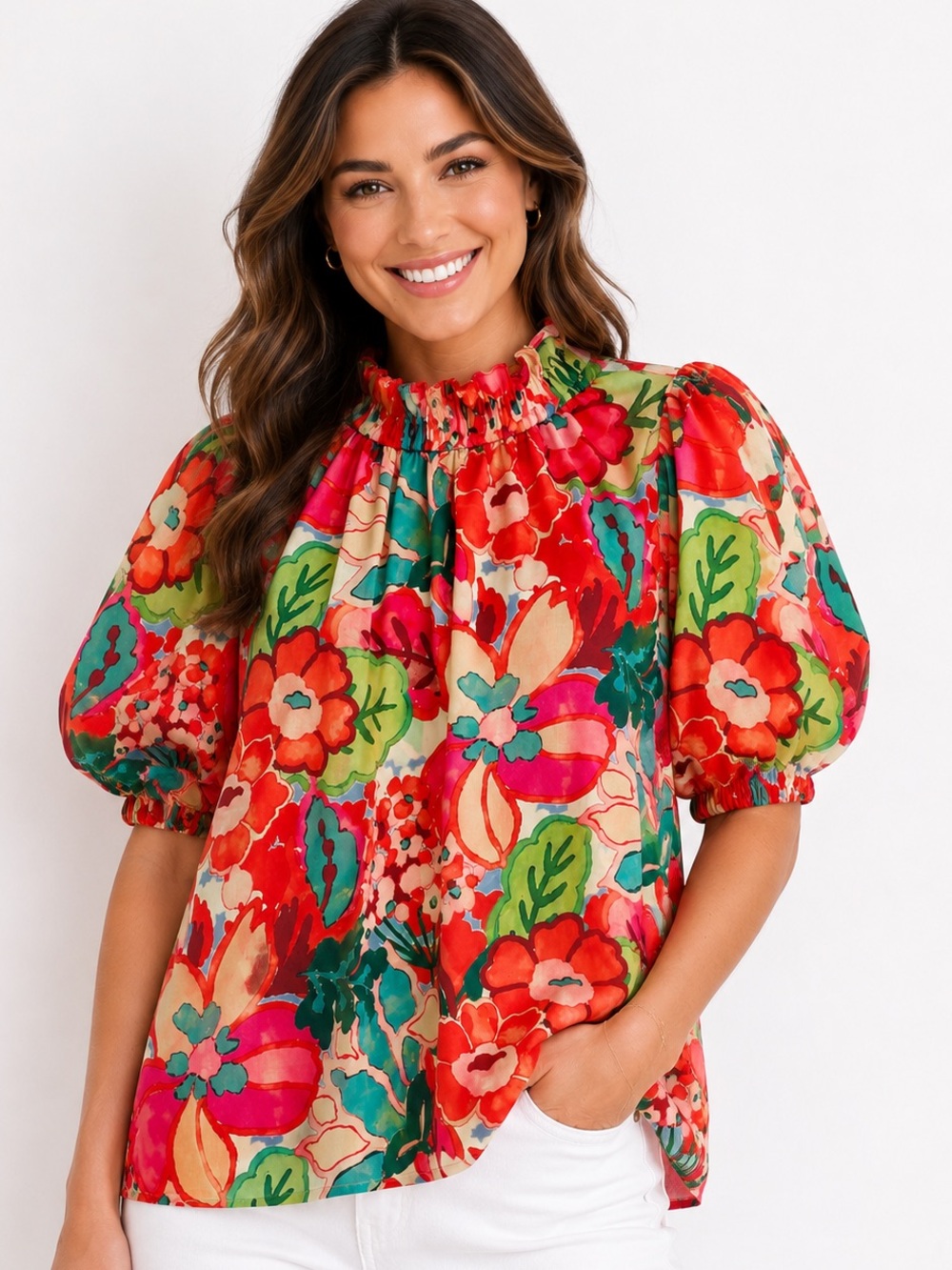 THML Floral Puff Sleeve Blouse Farm Rio Style Boho Ruffle Neck Top Small S